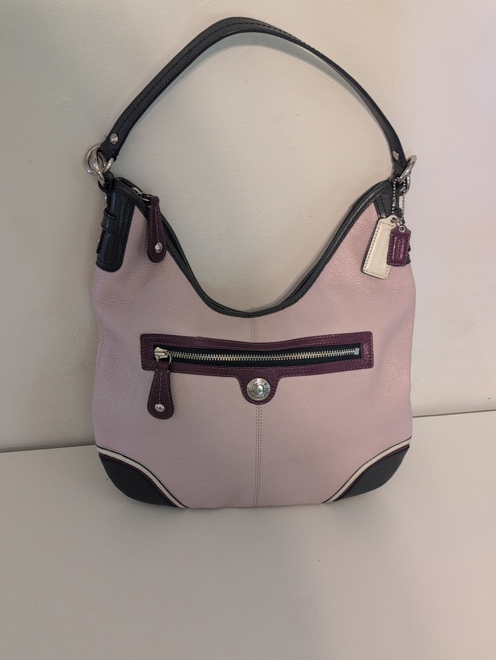 Coach Pink Plum & Navy Trimmed Laura Pebbled Leather Shoulder Bag